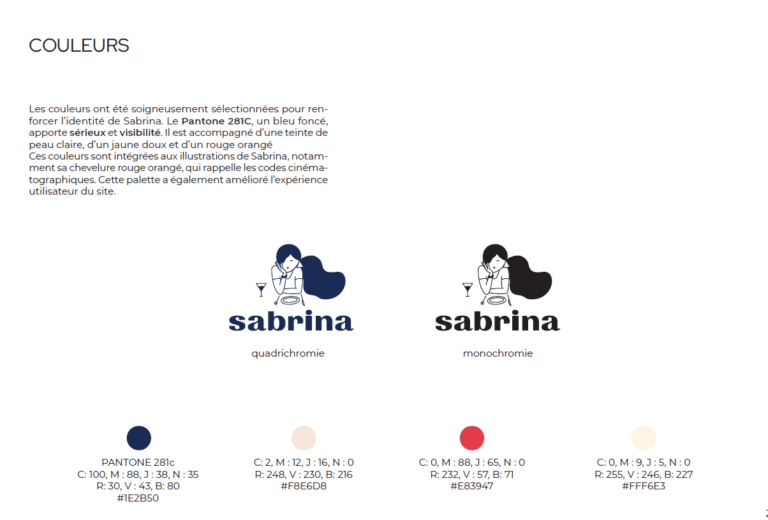 Logo illustration d'une jeune femme à table bleu marine et un prénom en dessous ' Sabrina ' ainsi que quatre cercle de couleurs bleu, beige et rouge